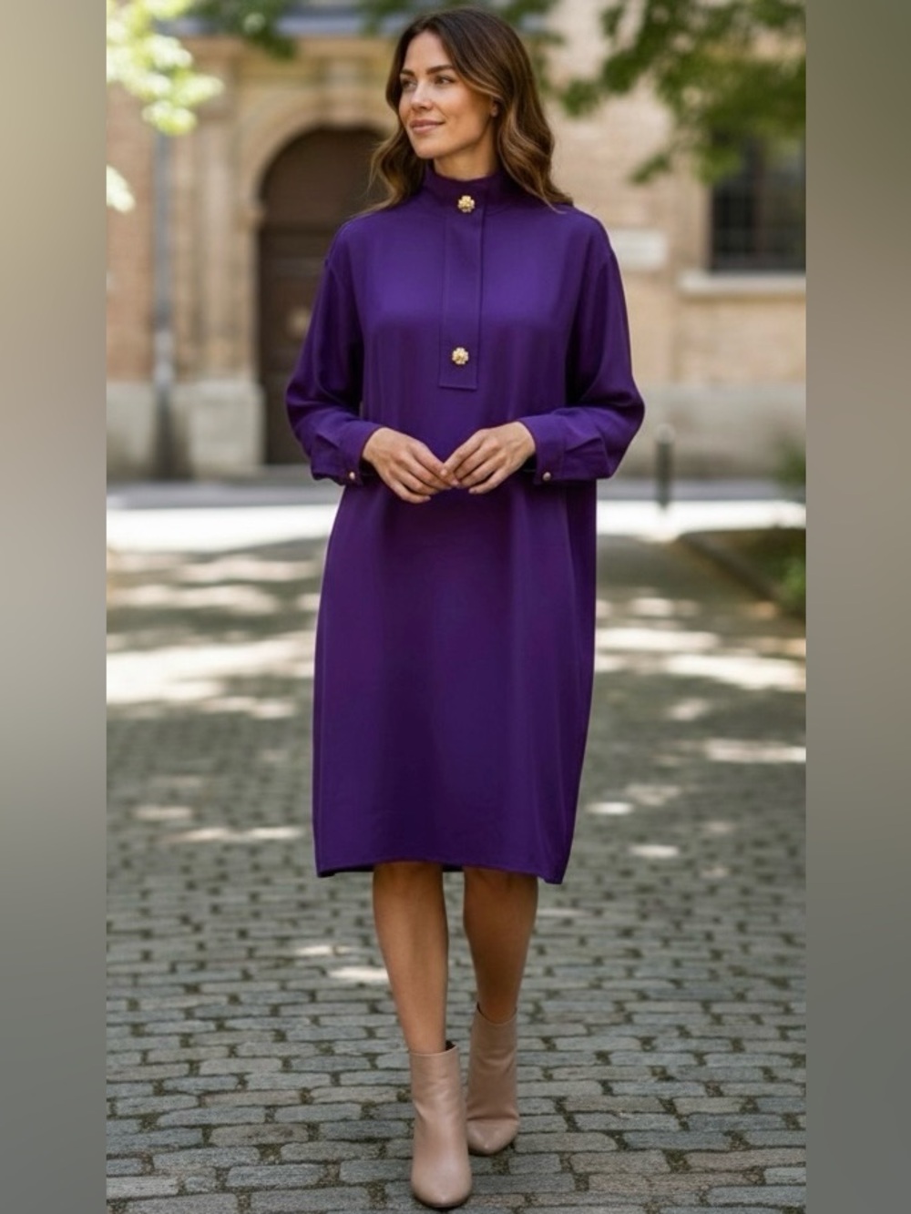 St John Silk Purple Violet Shift Dress Gold Buttons Pockets Size M